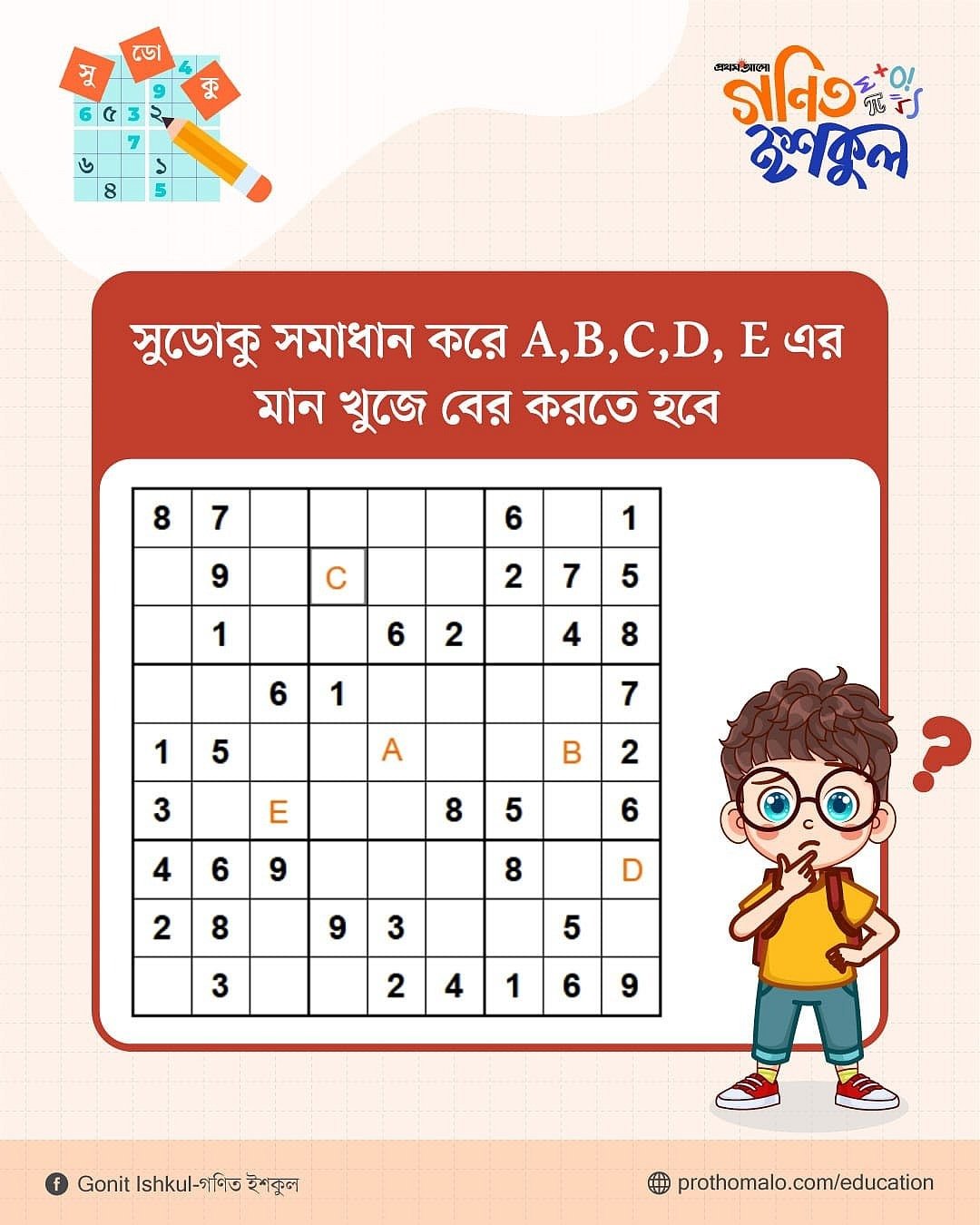 সুডোকু সমাধান করে A, B, C, D ও E এর মান নির্ণয় করুন